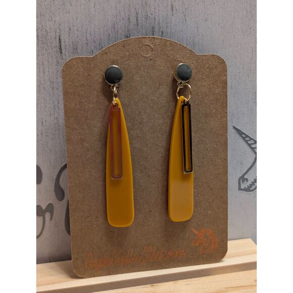 Retro Mustard Yellow & Gold Drop Earrings - Picture 1 of 8